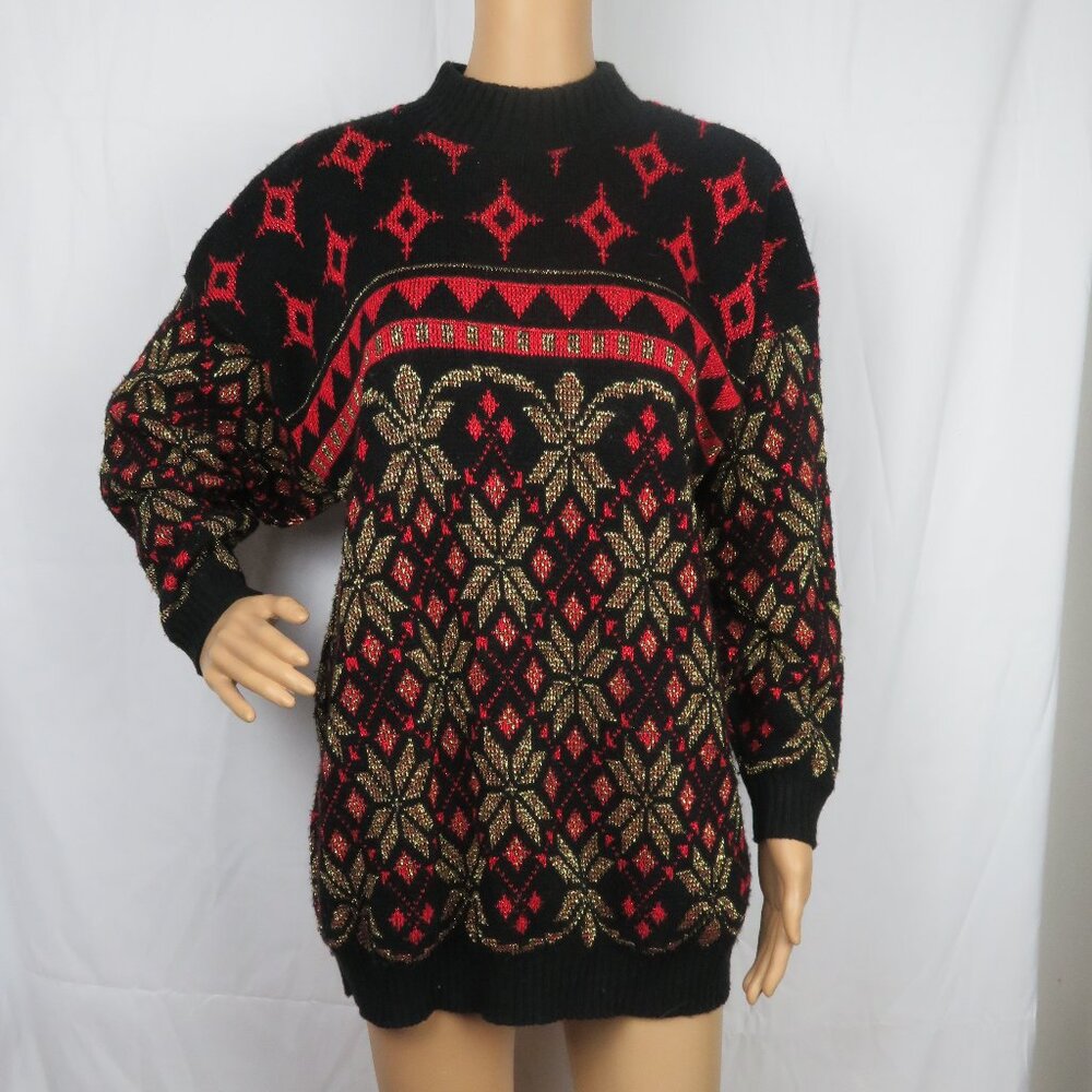 Vintage Sweater Diamond Glitter 80s 90s Red Black Grandma Snowflake Christmas